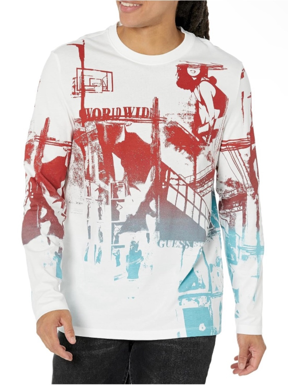 GUESS Men’s Long Sleeve Eco Placed Print Tee, Pure White, Small